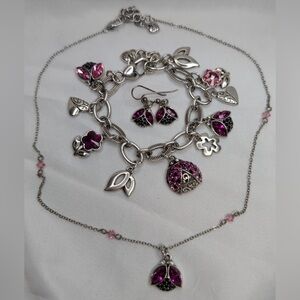 💕🐞 RARE BRIGHTON VINTAGE Pink Lady Bug Crystal Charm Jewelry Set!
